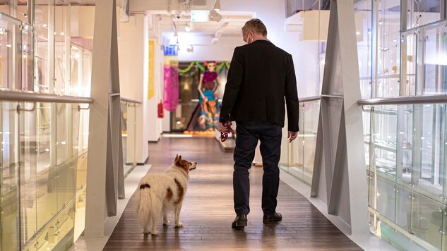mężczyzna i pies idą holem muzeum, widać ich profile, w tle obraz