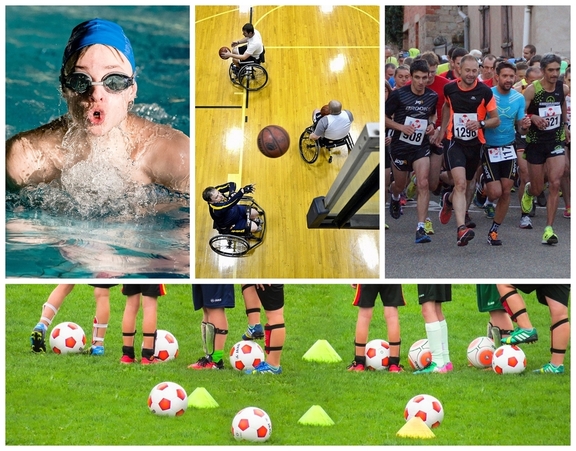 Zdjęcie podzielone jest na cztery części, z których każda przedstawia inną dyscyplinę sportu: pływanie, koszykówkę, biegi i piłkę nożną