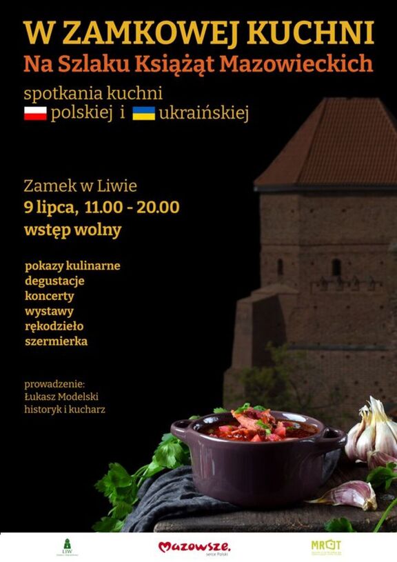 Plakat festiwalu, na czarnym tle widoczny krótki opis programu wydarzenia oraz grafika przedstawiająca fragment wieży zamkowej i talerz z jedzeniem