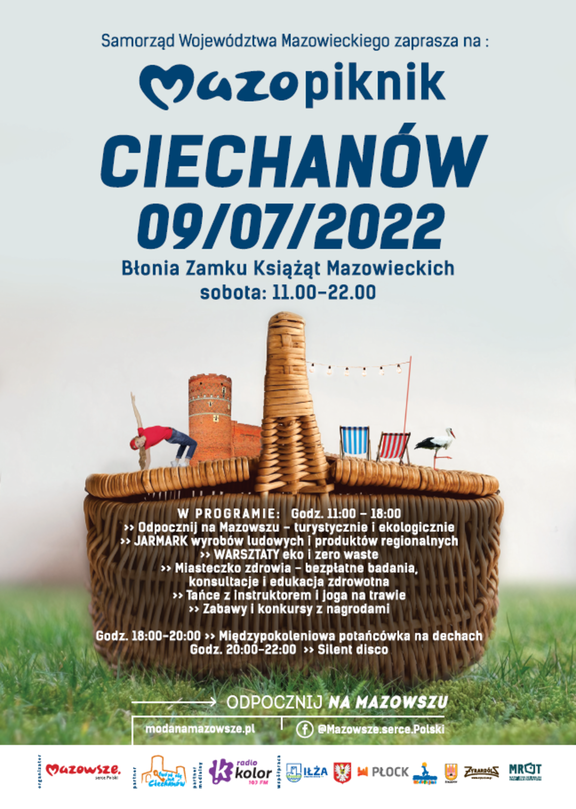 Plakat promujący piknik w Ciechanowie w dniu 9 lipca 2022 r.