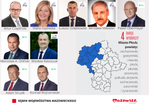 Infografika prezentująca zdjęcia portretowe dziewięciu radnych z okręgu wyborczego numer 4, mapkę Mazowsza z oznaczonym innym kolorem obszarem okręgu wyborczego i wymienionymi miastem i powiatami, wchodzącymi w jego skład.