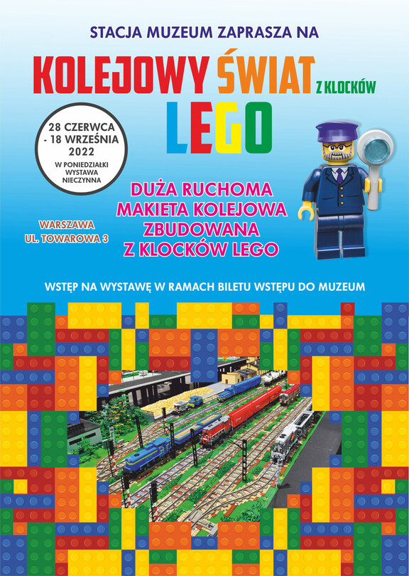 Grafika promująca wystawę pt. Kolejowy świat z klocków Lego w Stacji Muzeum.
