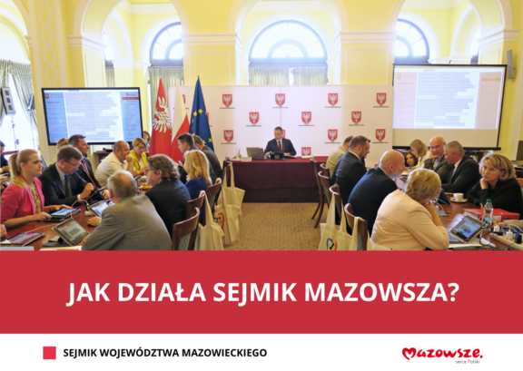 Infografika promująca artykuł na temat funkcjonowania sejmiku województwa mazowieckiego.