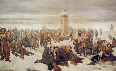 obraz Aleksandra Sochaczewskiego, pejzaż  zimowy przedstawiający żołnierzy po bitwie