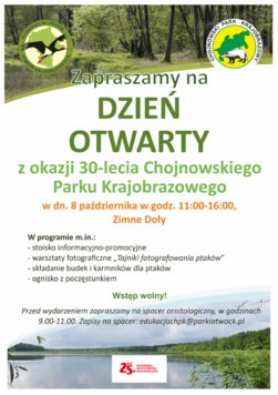 Plakat promujący dzień otwarty w Chojnowskim Parku Krajobrazowym
