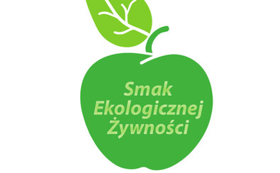 Logo smak ekologicznej żywności - grafika na zielonym jabłku napisany tytuł konkursu